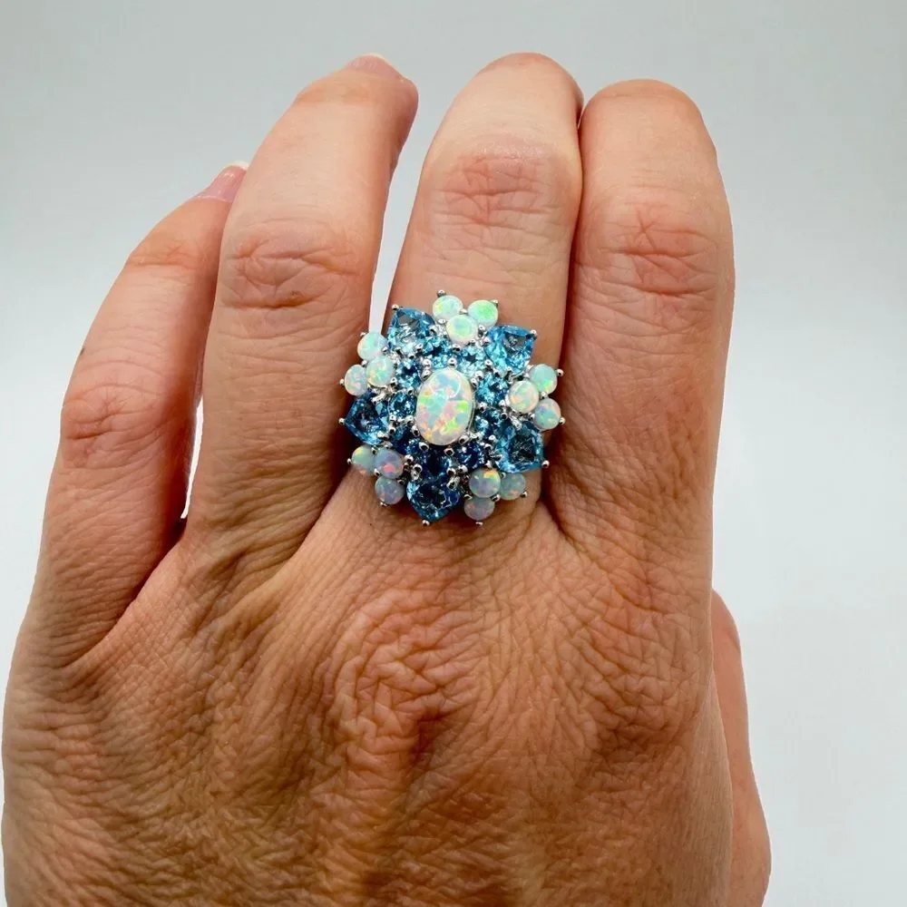 NWT Lab created‎ Opal, genuine blue topaz STATEMENT ring in sterling silver!